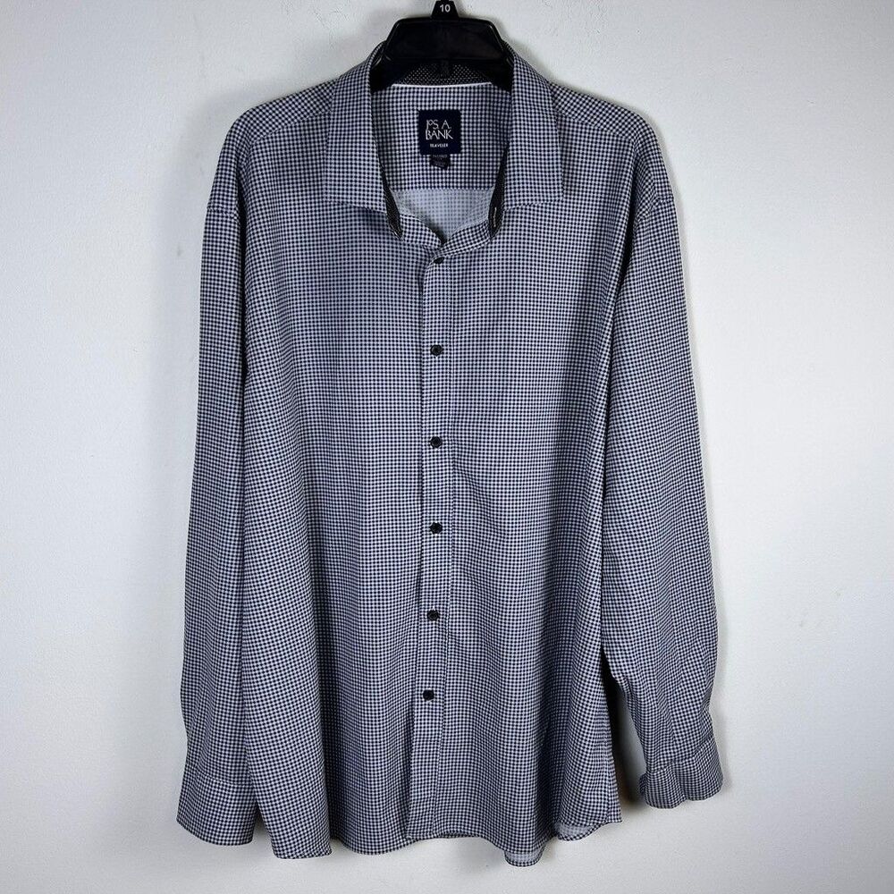 Jos A Bank Traveler Shirt Mens XXL Tailored Fit Blue Gingham Check Long Sleeve